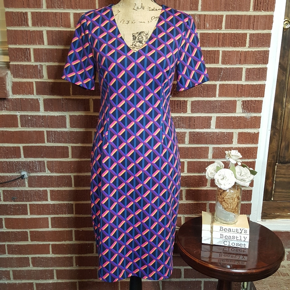 Trina Turk Museo V-Neck Geometric Print Short Sleeve Fitted Pencil Dress 4 NWT